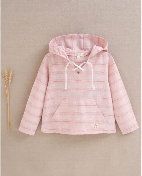 Camisa de niño naranja de rayas con capucha y bolsillo canguro