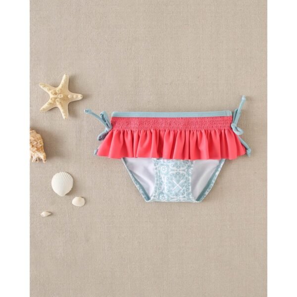Culetín de bebé niña estampado retro azul y volante fucsia