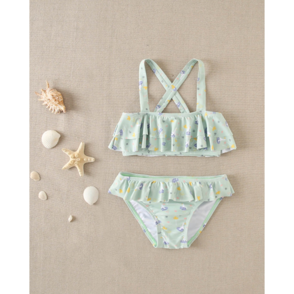 Bikini de niña con volantes y estampado de ocas verde agua