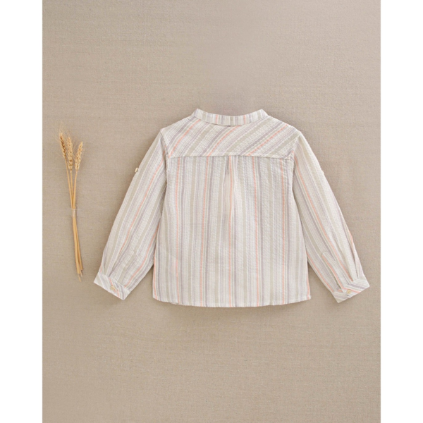 Camisa de niño de rayas naranja, gris y verde, cuello - Imagen 2