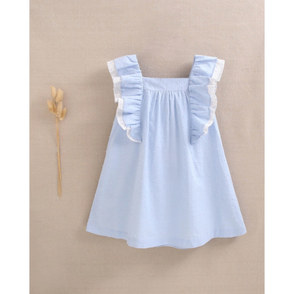 Vestido de niña de plumeti azul con volantes y lazo