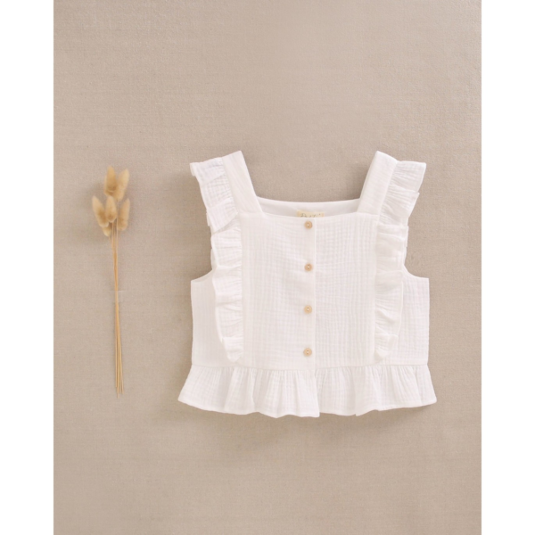 Blusa de niña blanca con volantes en cuadrado