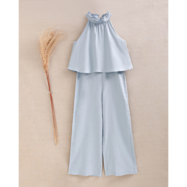 Mono de niña azul con cuello halter y nudo